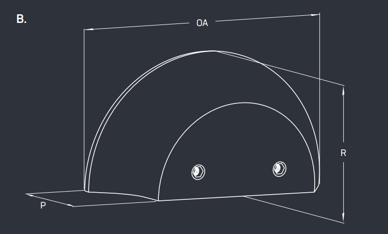 Technical drawing of a half moon handle with labeled measurements on a grey background