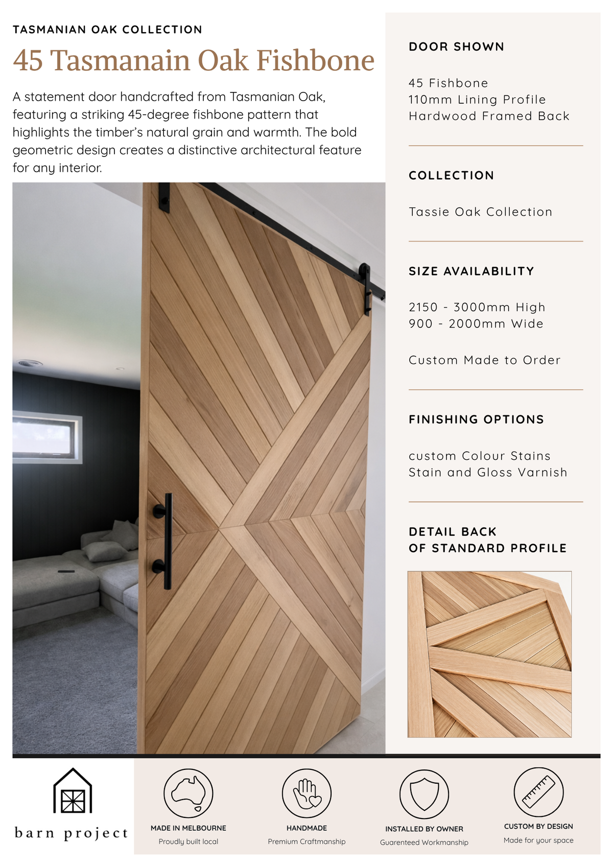 A product information graphic for a 45 Tasmanin Oak Fishbone patterned door from Barn Project. The graphic features a large photo of the light brown wood door with a black roller bar, a smaller inset photo of the door installed in a room, and text detailing specifications, collection, size, and finish options.