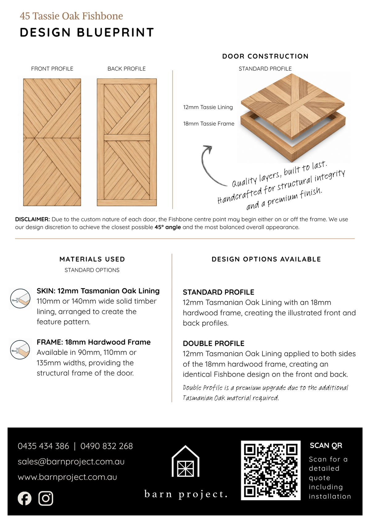A product information graphic for a 45-degree Oak Fishbone door design by Barn Project, showing front and back profile views, door construction details, materials used, design options, and contact information.